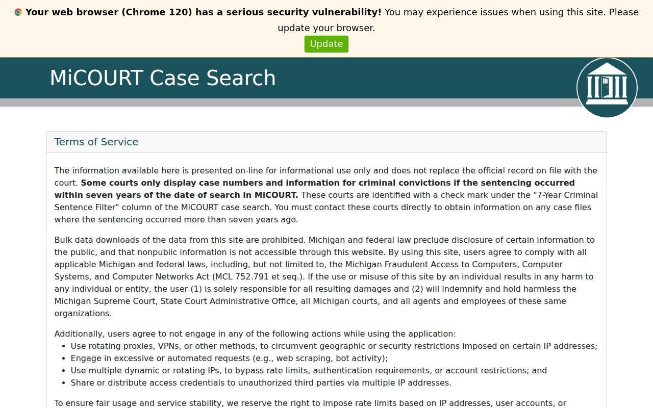 Flint Township residents directory MiCOURT case-search page