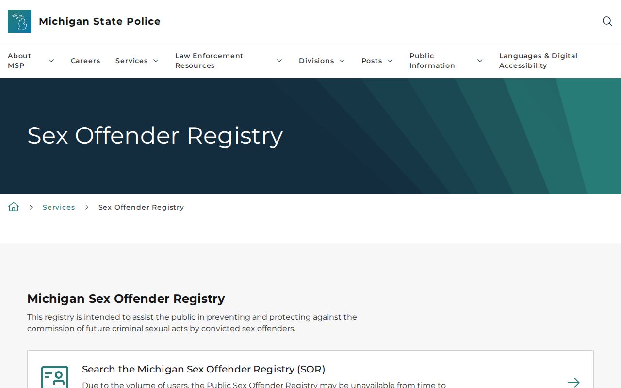 Flint Township resident lookup image of the Michigan offender registry search